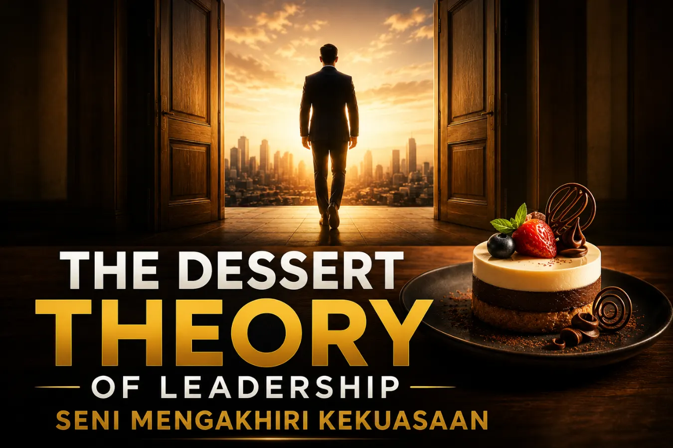 Ilustrasi The Dessert Theory of Leadership: seorang pemimpin berjalan menuju pintu terbuka saat matahari terbit, melambangkan seni mengakhiri kekuasaan dan meninggalkan warisan kepemimpinan.